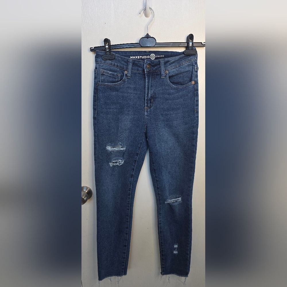 *3 For $12* Max Studio Indigo High Rise Skinny Ankle Frayed Hem Jeans